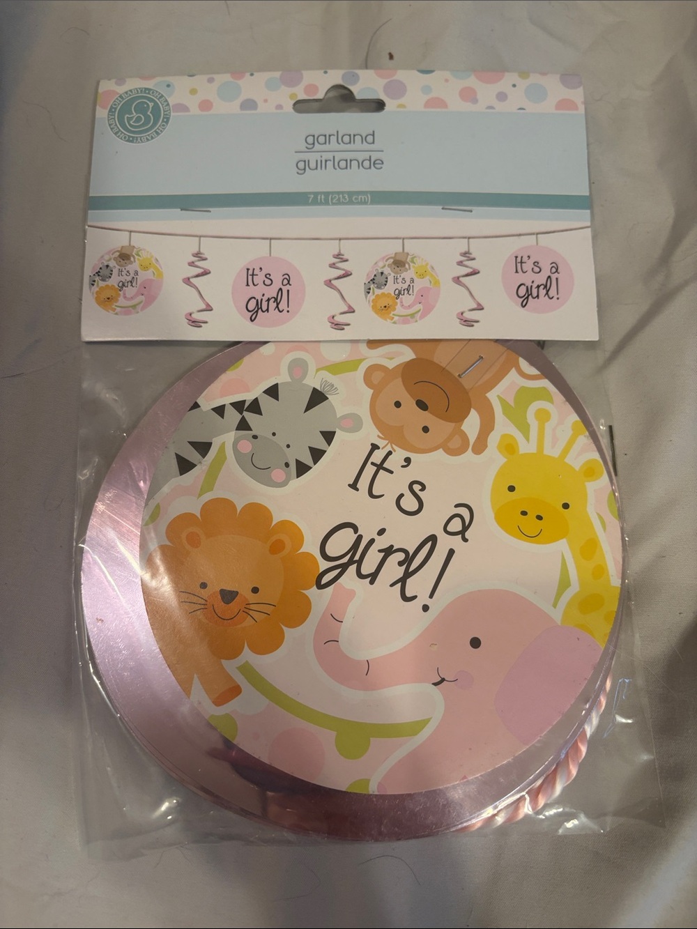 Unopened Baby Shower Garland "It's a Girl!" Pink Safari Animal Swirl